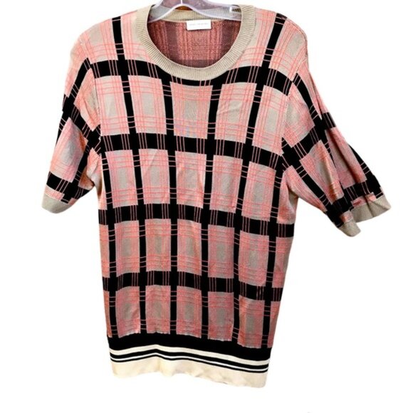 Dries Van Noten Check Print Knit Pullover Crew Sweater Preppy Top Short Sleeve L - Picture 2 of 16
